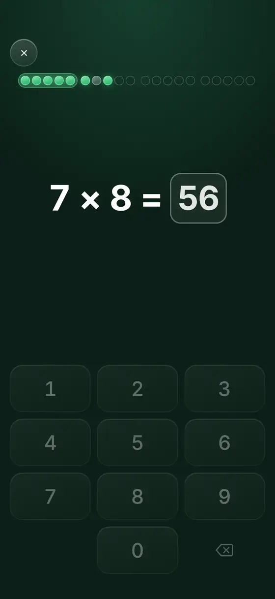 A New card in the app showing 7 × 8 = 56 with the answer filled in.